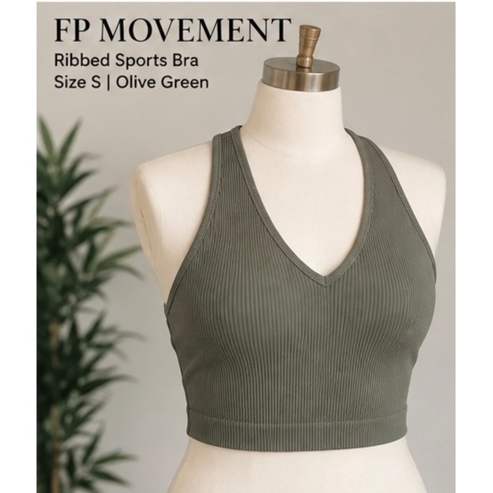 FP Movement Ribbed Sports Bra Olive Green V-Neck Racerback Activewear Small